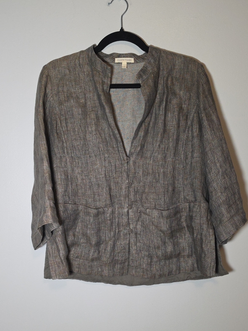 Eileen Fisher Taupe-Gray Textured Button-Front Linen Jacket
